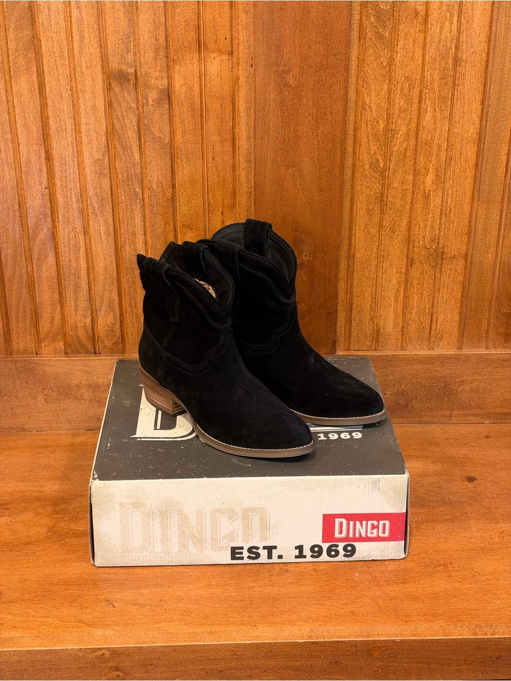 dingo Black Suede Western-Inspired Ankle Booties